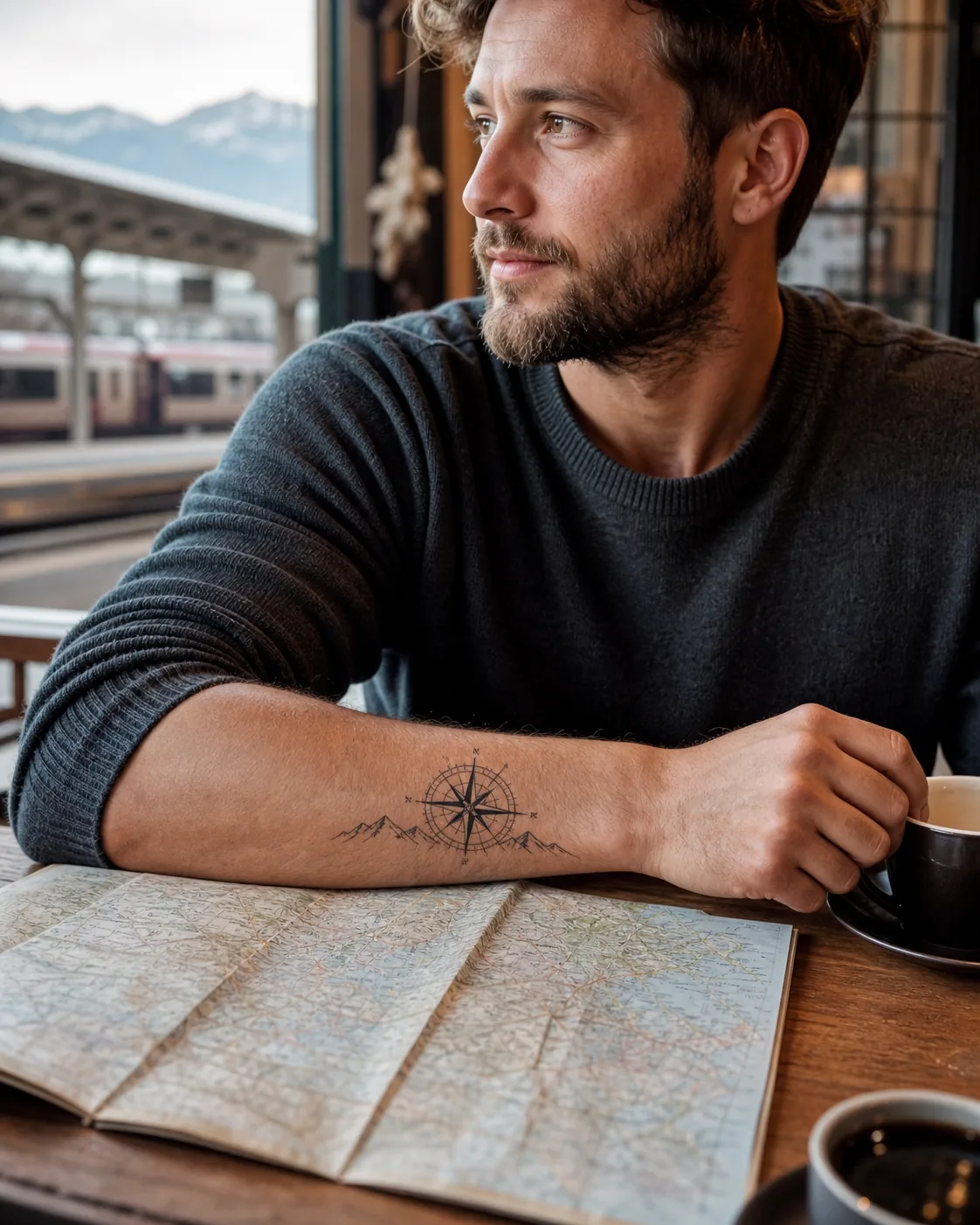 Tattoos mit Bedeutung: 10 Motive und ihre Symbolik 3 Abgeheiltes Kompass-Tattoo mit Berglinie am Unterarm in einem Bahnhofscafé