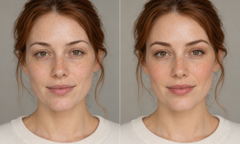 Vorher/Nachher-Make-up: 5 Umstylings und wie du die Looks nachschminkst 12 KI-Vorher-Nachher-Vergleich: Frau mit Sommersprossen, links ungeschminkt und rechts mit natürlichem Make-up.