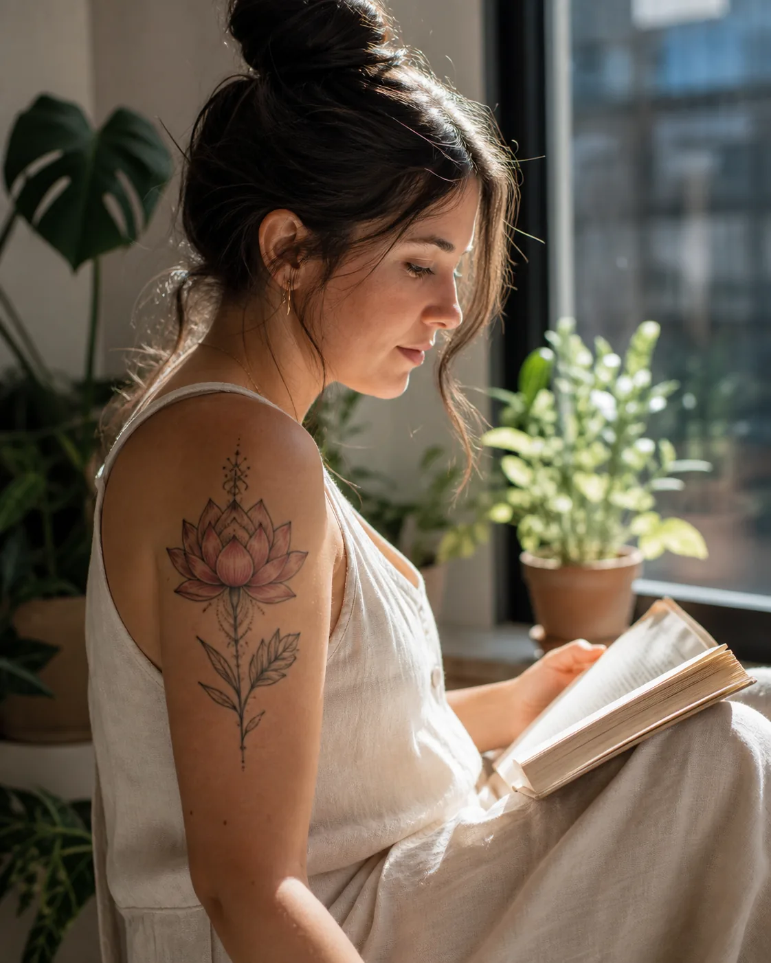 Tattoos mit Bedeutung: 10 Motive und ihre Symbolik 4 Abgeheiltes Lotus-Tattoo am Oberarm in einer ruhigen Alltagsszene am Fenster