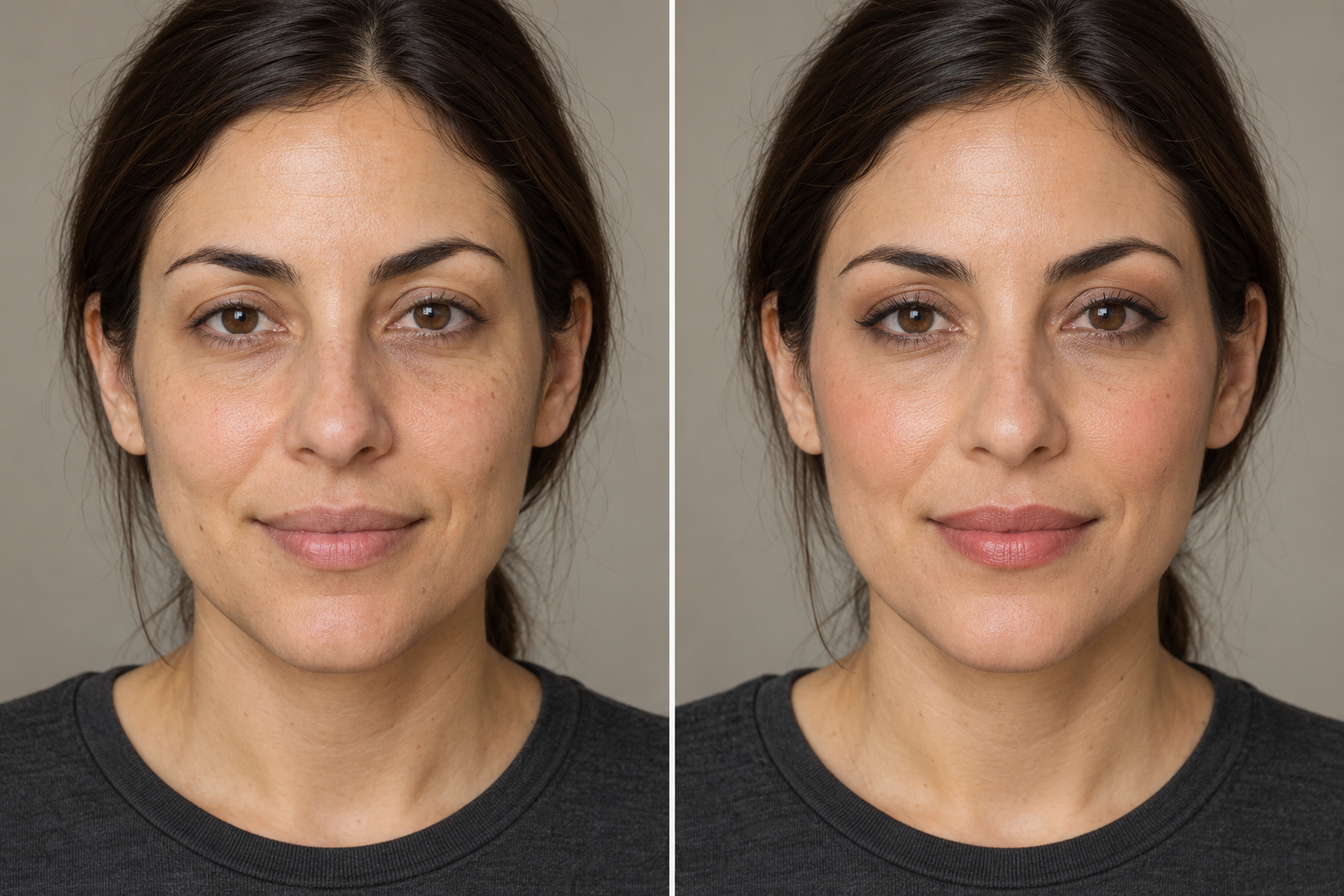 Vorher/Nachher-Make-up: 5 Umstylings und wie du die Looks nachschminkst 4 KI-Vorher-Nachher-Vergleich einer dunkelhaarigen Frau: rechts mit weich betonter oberer Wimpernlinie, Taupe-Lidschatten und Rosenholz-Lippen.