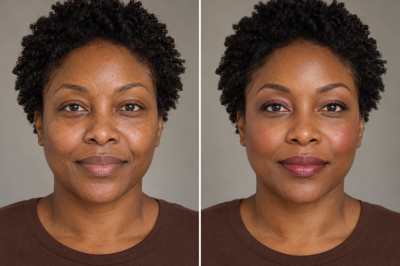 Vorher/Nachher-Make-up: 5 Umstylings und wie du die Looks nachschminkst 5 KI-Vorher-Nachher-Vergleich einer Frau mit dunkler Haut und kurzen Locken: rechts mit Beeren-Lippen, warmem Rouge und dezent schimmernden Lidern.
