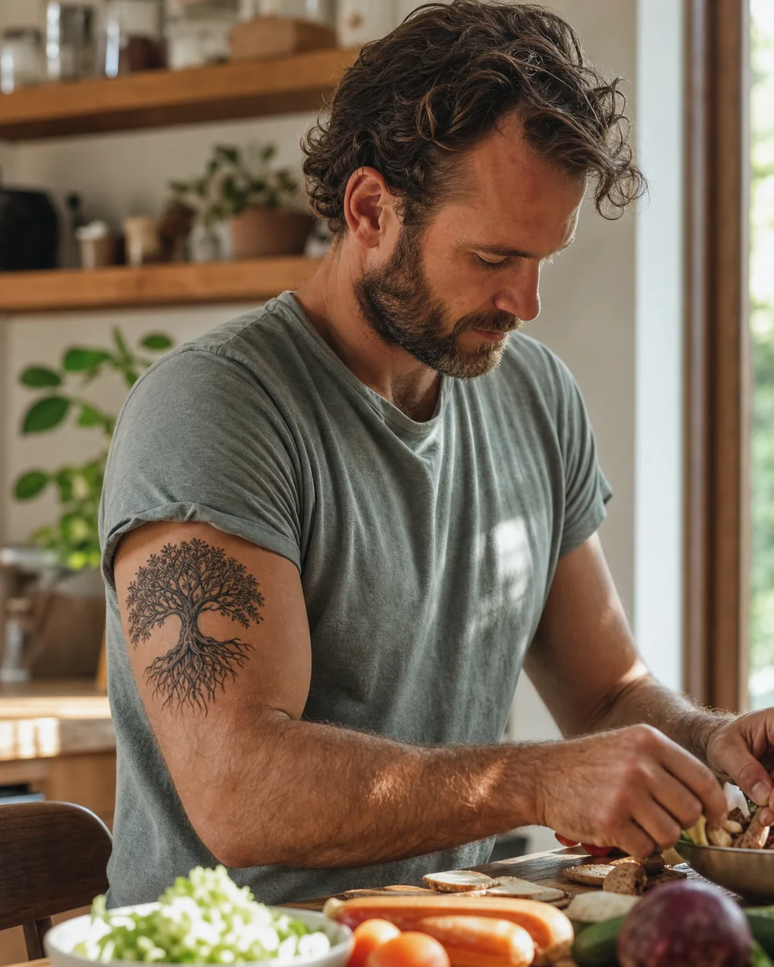 Tattoos mit Bedeutung: 10 Motive und ihre Symbolik 5 Abgeheiltes Lebensbaum-Tattoo mit Wurzeln am Oberarm beim Kochen