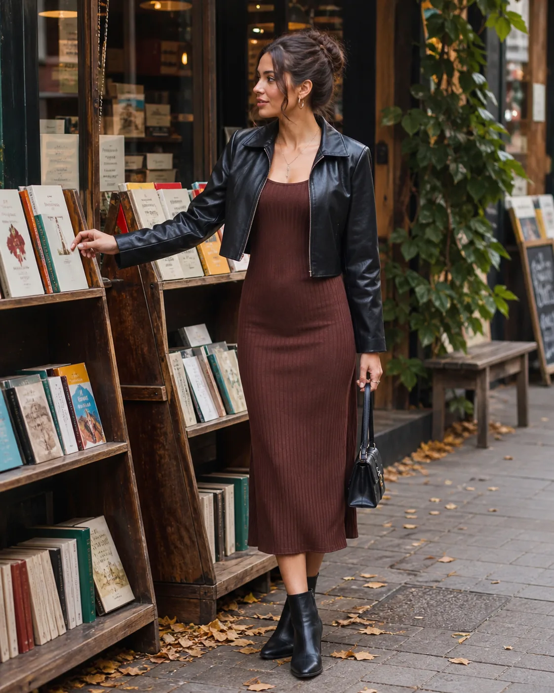 SHEIN Kleider stylen: 30 Outfit-Ideen für jeden Anlass 4 Braunes Strickkleid mit kurzer Lederjacke und Boots im Buchladen