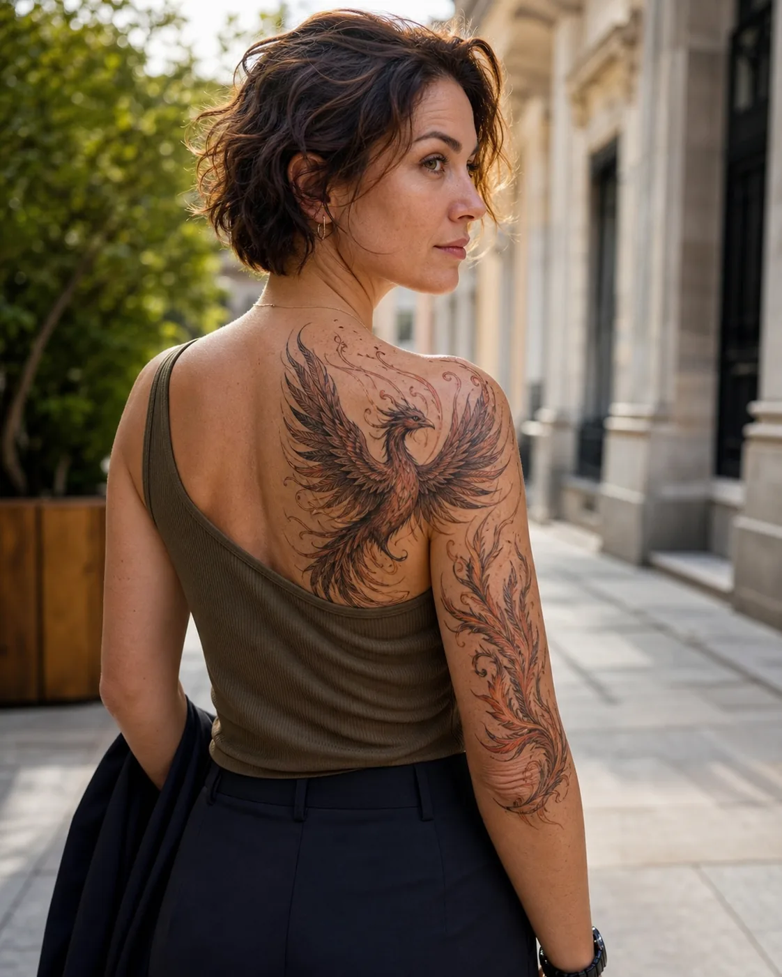 Tattoos mit Bedeutung: 10 Motive und ihre Symbolik 6 Abgeheiltes Phönix-Tattoo auf Schulter und Oberarm in einer urbanen Alltagsszene