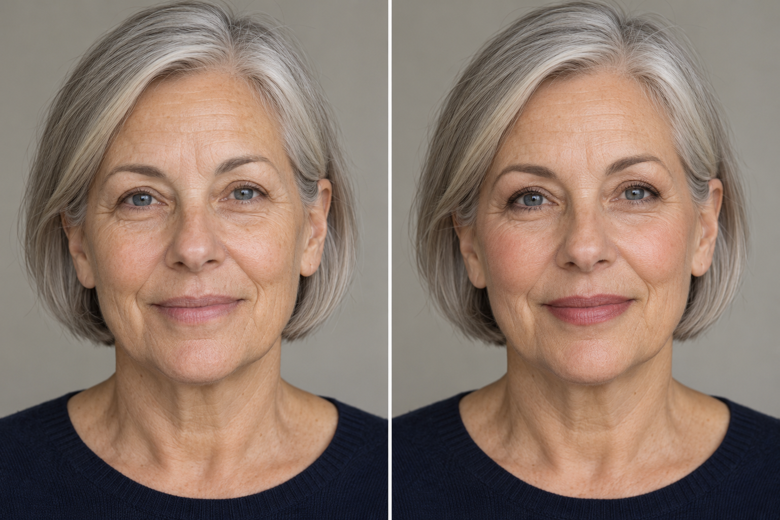 Vorher/Nachher-Make-up: 5 Umstylings und wie du die Looks nachschminkst 6 KI-Vorher-Nachher-Vergleich einer Frau mit silbernem Bob und sichtbaren Mimiklinien: rechts mit rosigen Wangen, definierten Brauen und Rosenholz-Lippen.