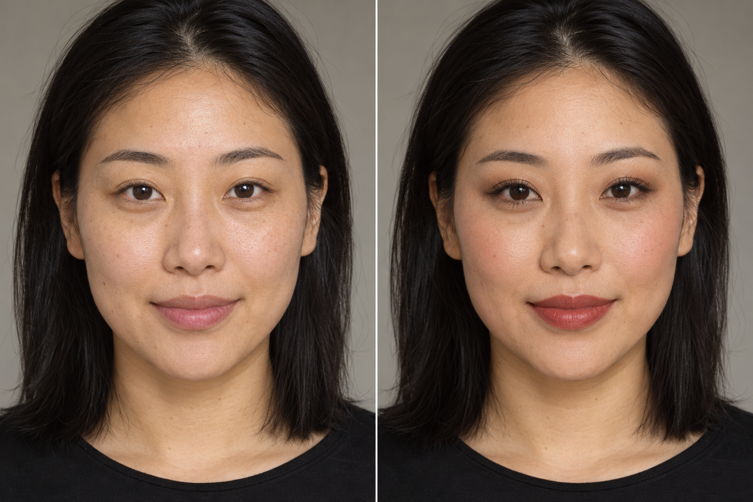 Vorher/Nachher-Make-up: 5 Umstylings und wie du die Looks nachschminkst 7 KI-Vorher-Nachher-Vergleich einer Frau mit glatten schwarzen Haaren: rechts mit braunem Augen-Make-up und ziegelrotem Lippenstift.