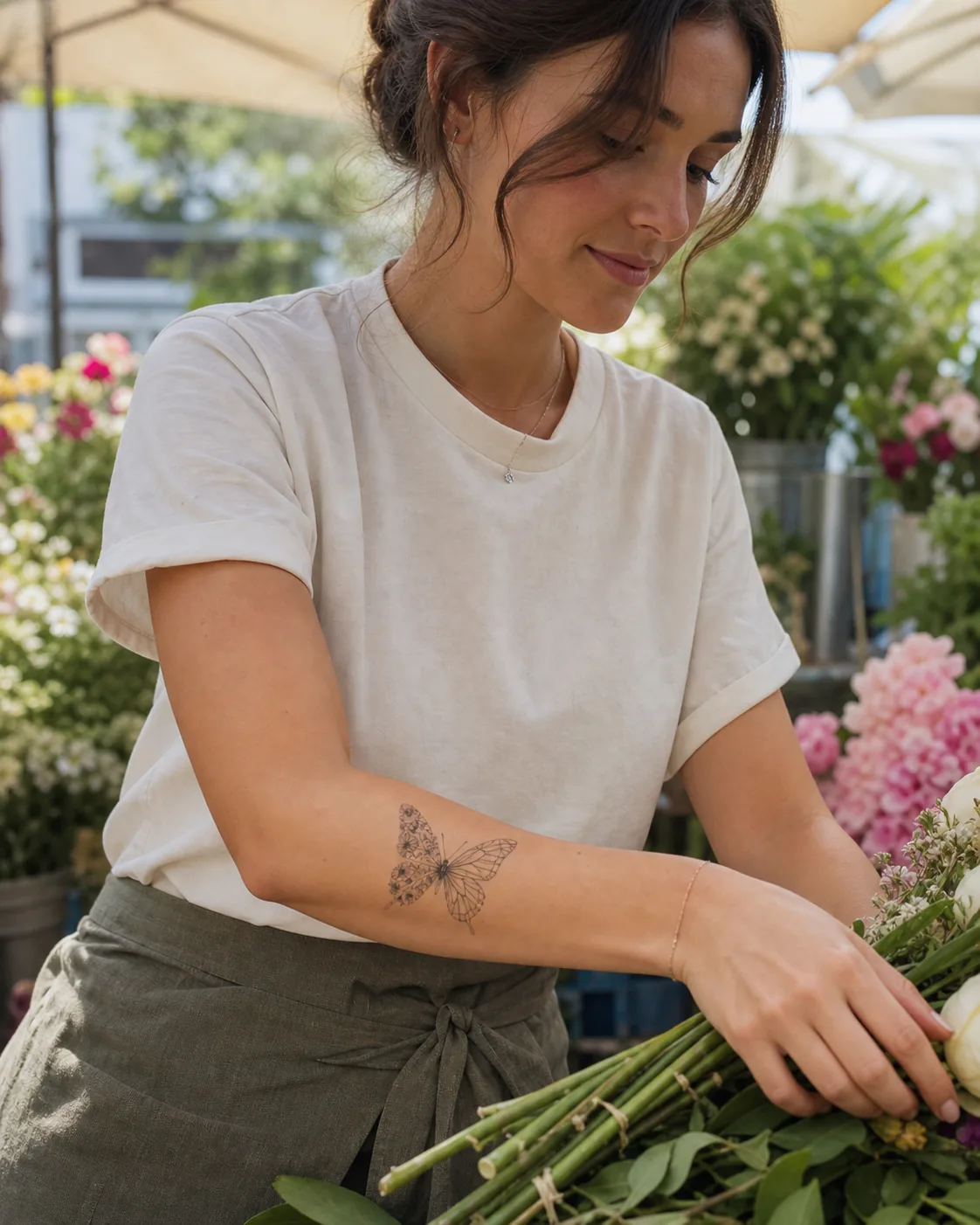 Tattoos mit Bedeutung: 10 Motive und ihre Symbolik 8 Abgeheiltes Schmetterling-Tattoo am Unterarm beim Arrangieren von Blumen