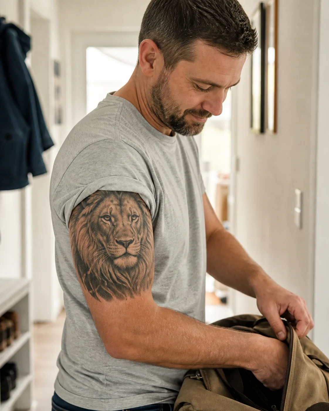 Tattoos mit Bedeutung: 10 Motive und ihre Symbolik 10 Abgeheiltes realistisches Löwen-Tattoo am Oberarm beim Packen einer Tasche