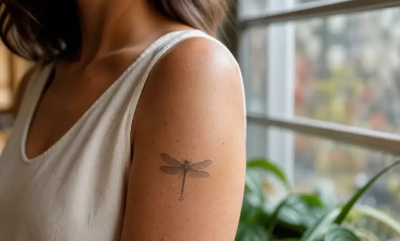 Libellen-Tattoo: Bedeutung, Designs und Platzierungen 16 Kleines verheiltes Libellen-Tattoo am Oberarm