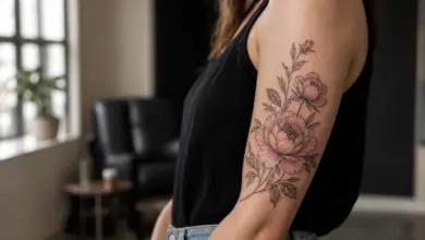 Pfingstrose Tattoo: Bedeutung, Vorlagen und Ideen 7 Fein gestochenes Pfingstrosen-Tattoo am Oberarm