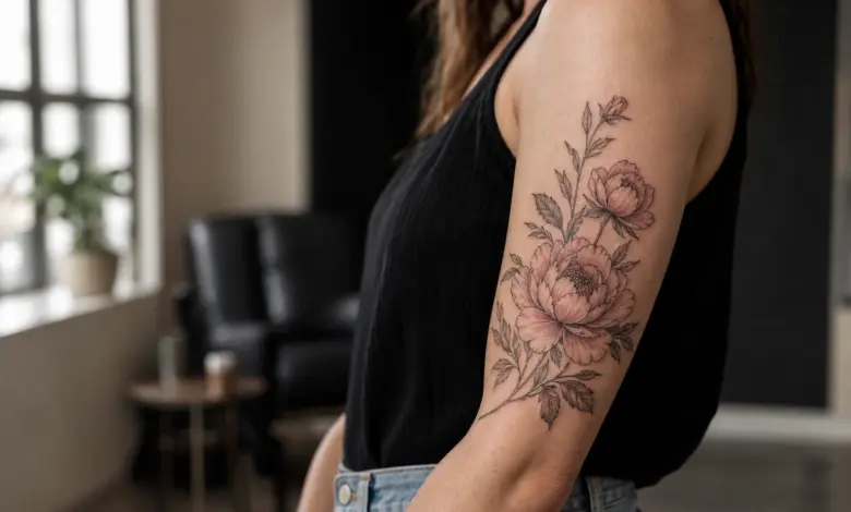 Pfingstrose Tattoo: Bedeutung, Vorlagen und Ideen 2 Fein gestochenes Pfingstrosen-Tattoo am Oberarm