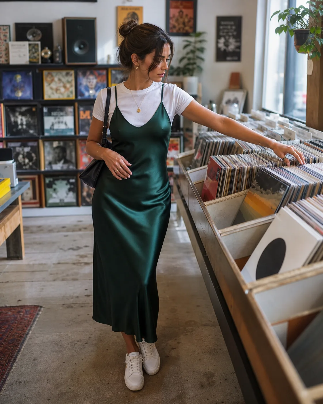 SHEIN Kleider stylen: 30 Outfit-Ideen für jeden Anlass 13 Grünes Slipdress über weißem T-Shirt mit Sneakern im Plattenladen