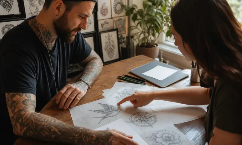 Tattoo-Bedeutung: Bedeutungen von Motiven und ihre Symbolik 3 Tattoo-Künstler und Kundin wählen gemeinsam ein symbolisches Tattoo-Motiv aus