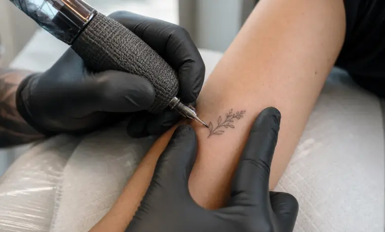Fineline Tattoo: Haltbarkeit, Kosten, Pflege und Ideen 15 Tattoo-Künstler sticht ein kleines botanisches Fineline-Motiv auf den Unterarm