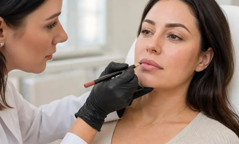 Lippen-Tattoo: Risiken, Haltbarkeit, Heilung und Pflege 1 Permanent-Makeup-Spezialistin zeichnet die natürliche Lippenkontur vor