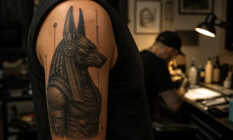Anubis-Tattoo: Bedeutung, Geschichte und Designideen 1 Detailreiches verheiltes Anubis-Tattoo in einem professionellen Studio