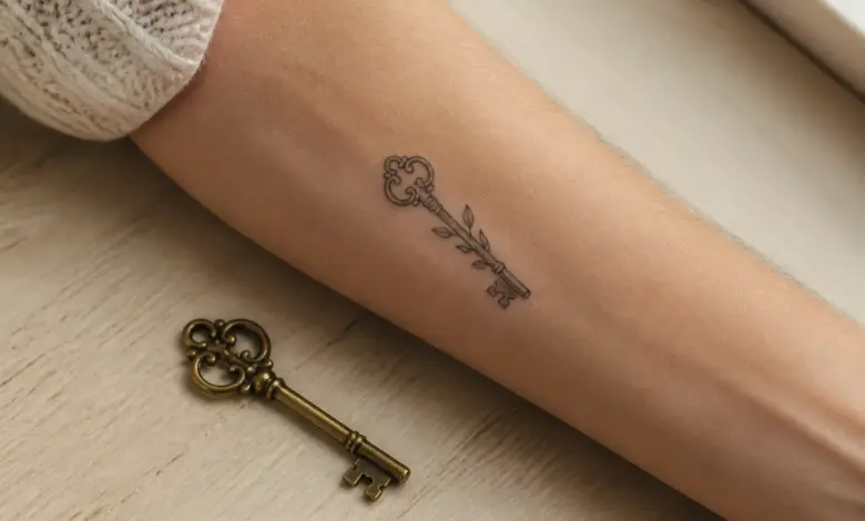 Schlüssel Tattoo: Bedeutung und persönliche Symbolik 2 Kleines Schlüssel-Tattoo auf dem Unterarm neben einem alten Messingschlüssel