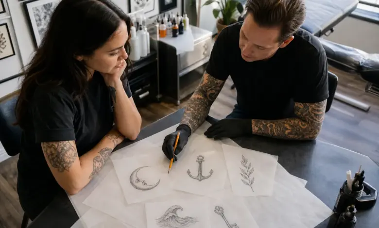 Welches Tattoo steht für was? Motive und Bedeutungen 11 Verschiedene symbolische Tattoo-Zeichnungen liegen bei einer Beratung auf dem Tisch