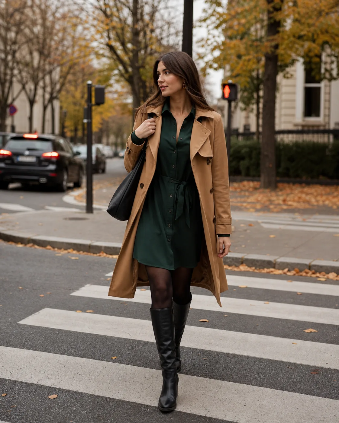 SHEIN Kleider stylen: 30 Outfit-Ideen für jeden Anlass 17 Grünes Blusenkleid mit kniehohen Stiefeln und Camel-Trenchcoat