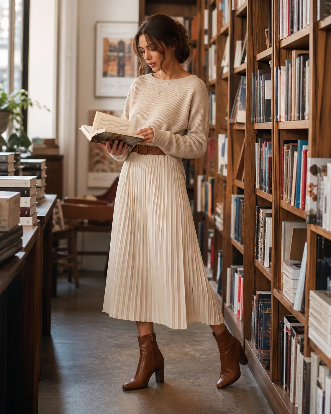 SHEIN Kleider stylen: 30 Outfit-Ideen für jeden Anlass 18 Cremefarbenes Plisseekleid mit Strickpullover und braunen Boots im Buchladen