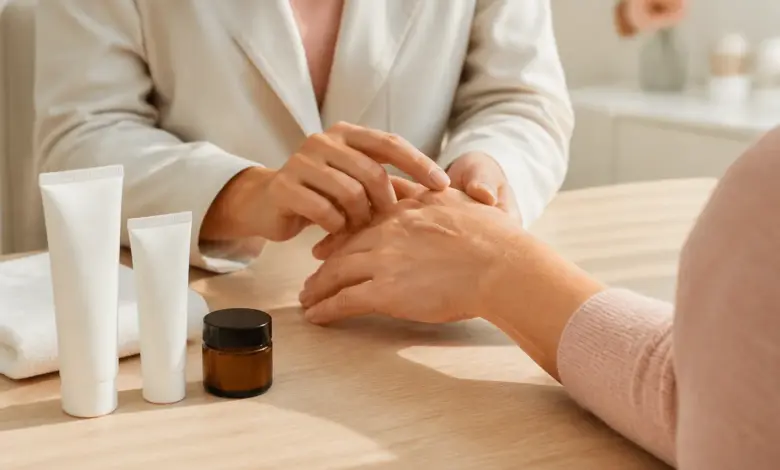Narbensalbe: Was bei frischen und alten Narben hilft 10 Dermatologische Untersuchung einer verheilten Handnarbe neben unbeschrifteten Narbensalben