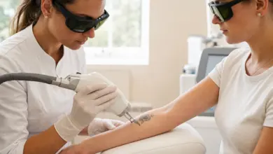 Tattoo weglasern: Ablauf, Kosten, Risiken und Ergebnisse 9 Professionelle Laserbehandlung eines Tattoos am Unterarm mit Schutzbrillen