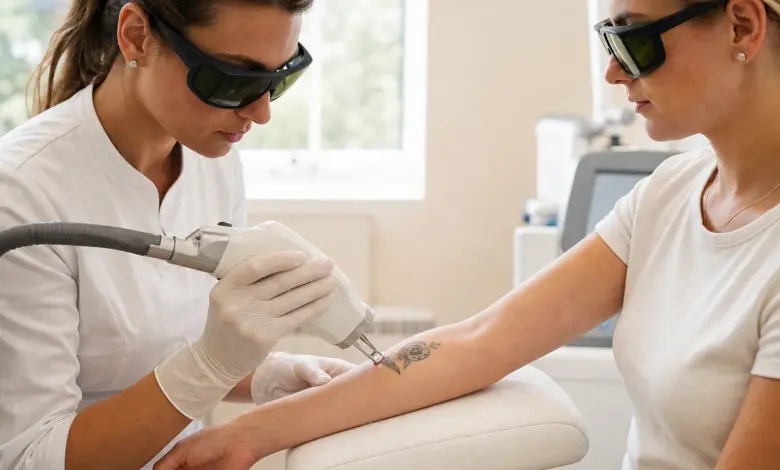 Tattoo weglasern: Ablauf, Kosten, Risiken und Ergebnisse 7 Professionelle Laserbehandlung eines Tattoos am Unterarm mit Schutzbrillen