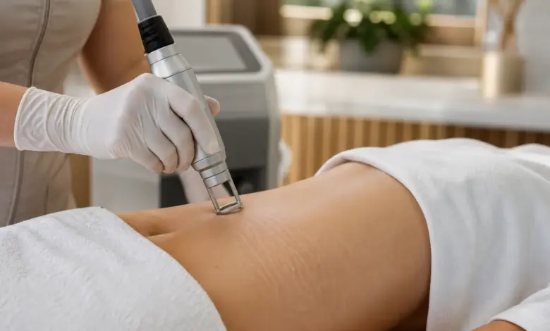 Dermatologische Laserbehandlung von Dehnungsstreifen am Bauch in einer Praxis
