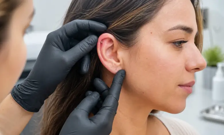 Professionelle Kontrolle eines gereizten Helix-Piercings