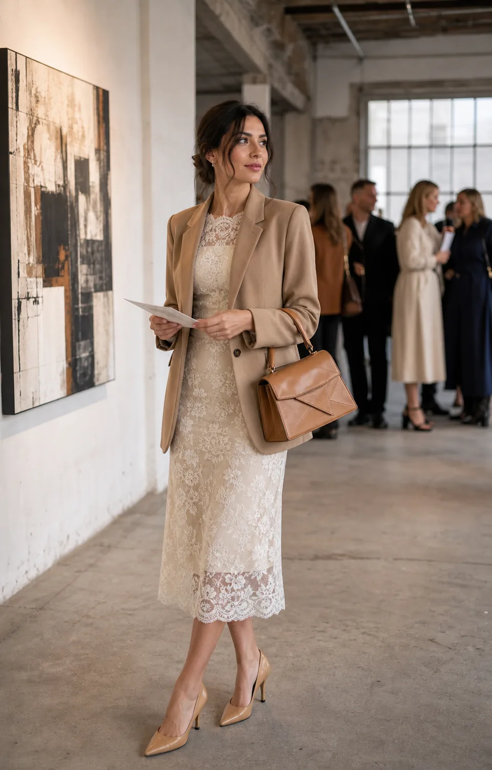 SHEIN Kleider stylen: 30 Outfit-Ideen für jeden Anlass 25 Modern gestyltes Spitzenkleid mit camel-farbenem Blazer in einer Galerie