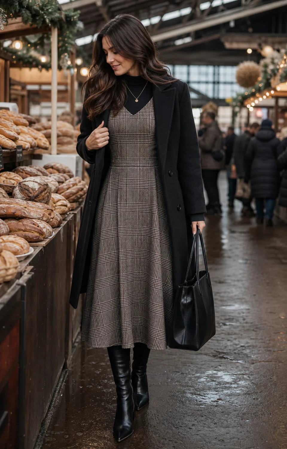 SHEIN Kleider stylen: 30 Outfit-Ideen für jeden Anlass 27 Kariertes ärmelloses Midikleid über schwarzem Rollkragen auf einem Markt