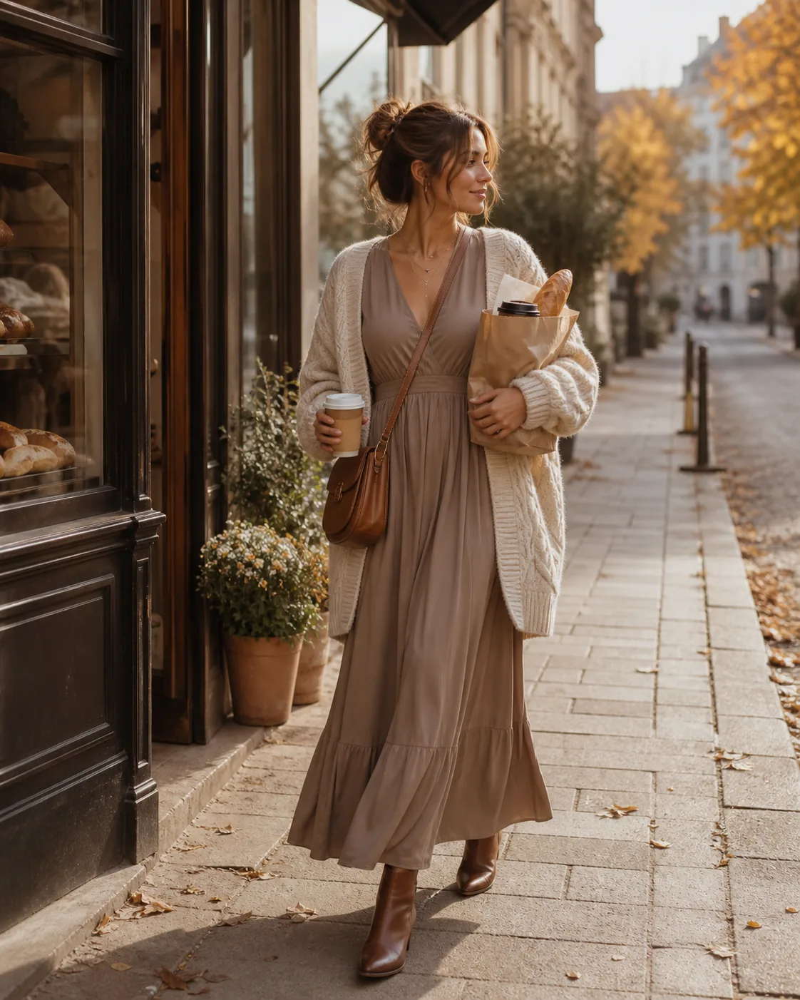 SHEIN Kleider stylen: 30 Outfit-Ideen für jeden Anlass 30 Taupefarbenes Maxikleid mit grobem cremefarbenem Cardigan vor einer Bäckerei