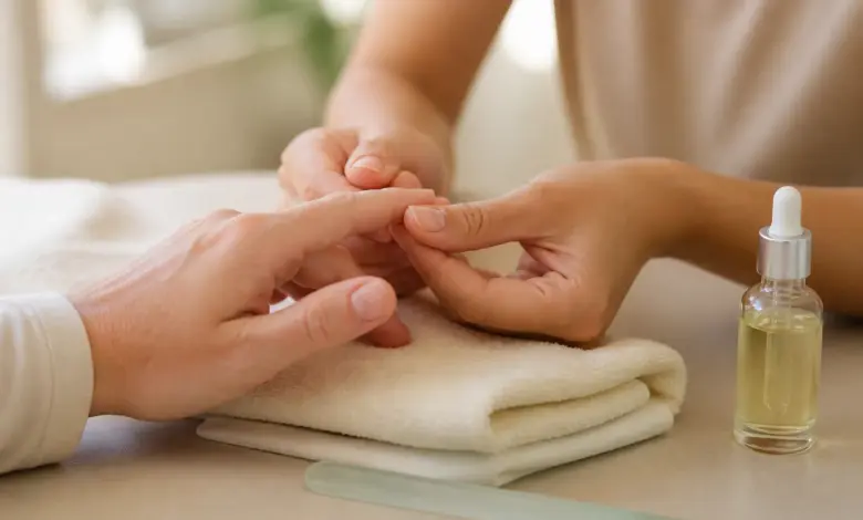 Nagelbett wieder aufbauen, pflegen und schützen 4 Natürliche Fingernägel werden bei einer professionellen Nagelpflege untersucht