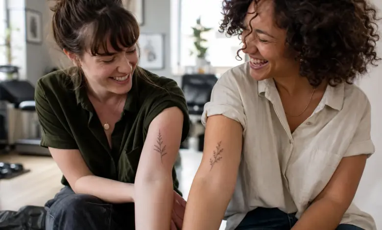 Zwei Freundinnen zeigen kleine zusammengehörige Tattoos auf den Unterarmen