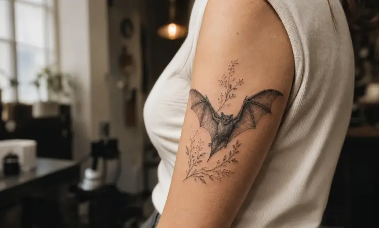 Tattoo Fledermaus 6 Fein gestochenes Fledermaus-Tattoo mit Pflanzenmotiven am Oberarm