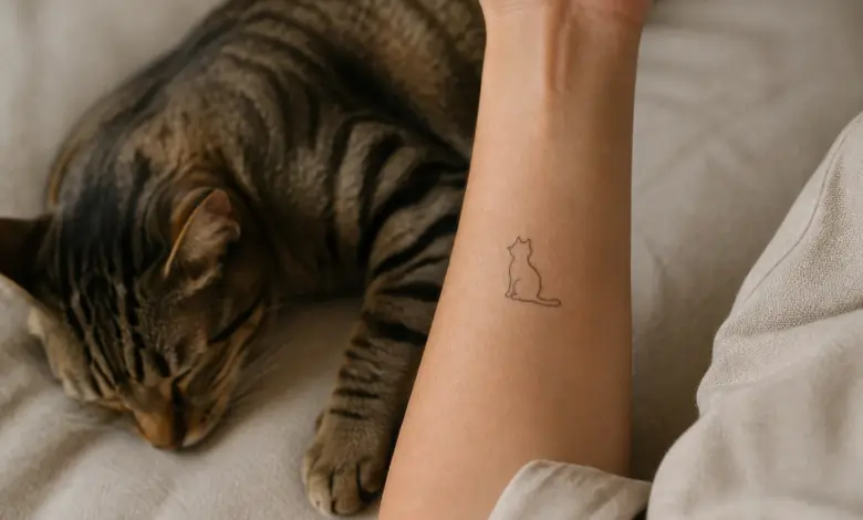 Tattoo Katze: Bedeutung, Ideen und Vorlagen 4 Feines Katzen-Tattoo auf dem Unterarm neben einer ruhenden Katze