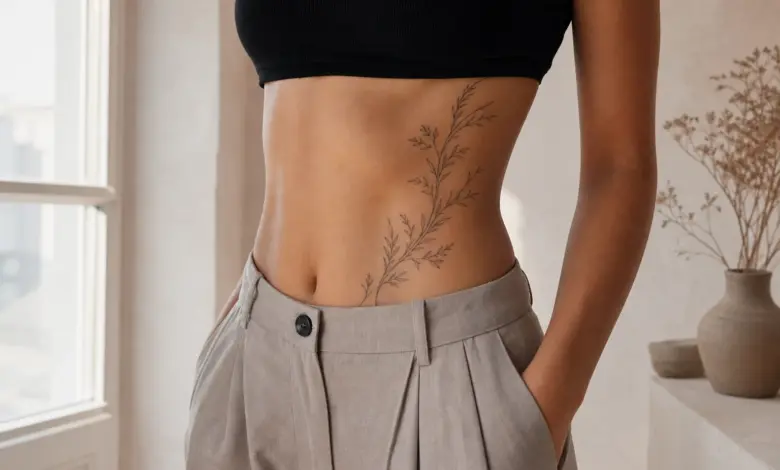 Tattoo Bauch 4 Fein gestochenes botanisches Tattoo an der Seite des Bauchs