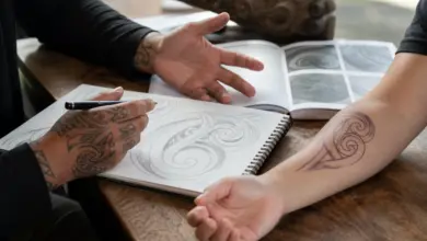 Maori Tattoo: Bedeutung und Symbolik der traditionellen Körperkunst 9 Tattoo-Beratung mit fließenden Spiralzeichnungen in einem Skizzenbuch
