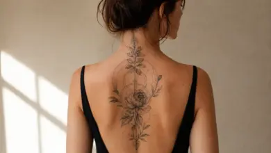 Botanisches und geometrisches Tattoo auf dem oberen Rücken einer Frau