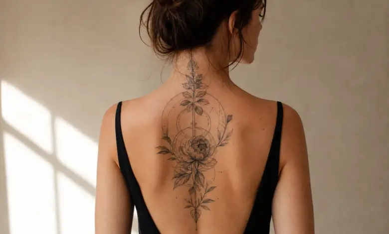 Rücken-Tattoo: Ideen, Schmerzen, Heilung und Planung 4 Botanisches und geometrisches Tattoo auf dem oberen Rücken einer Frau