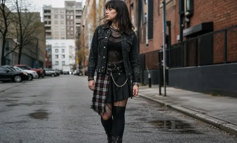 8 Punk Klamotten Damen: Styles für deinen Look 7 Frau in einem modernen schwarzen Punk-Outfit auf einer städtischen Straße