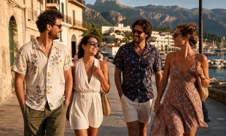 Die 8 coolsten Ballermann Klamotten für den Sommer 6 Freunde in farbenfrohen Sommer-Outfits spazieren an einer Promenade auf Mallorca
