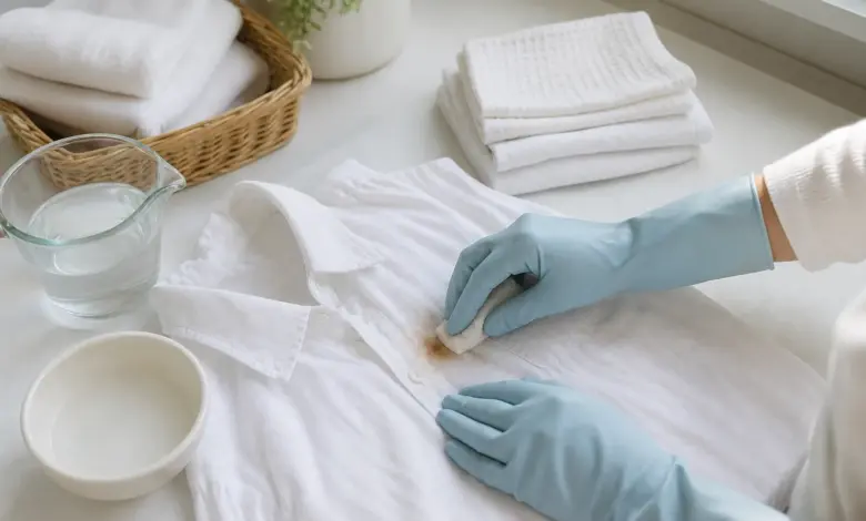 Die 8 besten Tipps zum Klamotten bleichen 2 Weiße Baumwollkleidung wird mit Handschuhen in einem hellen Wäscheraum behandelt
