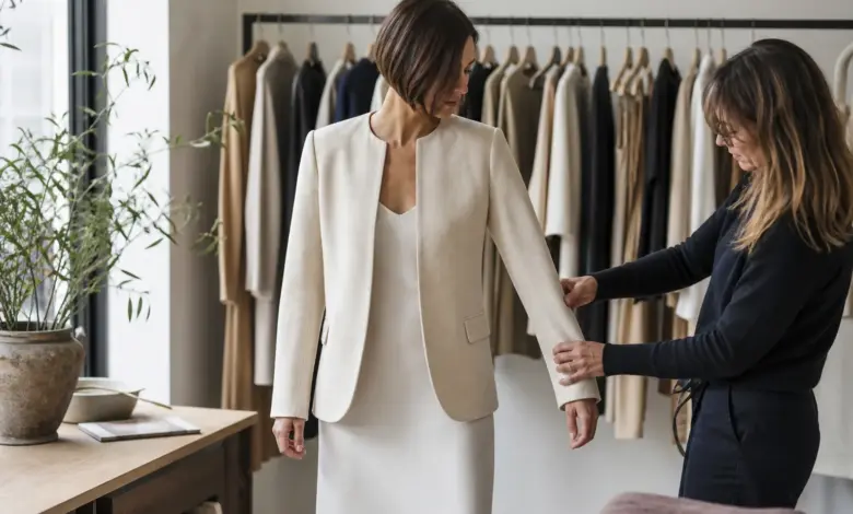 Die 8 schönsten Klamotten der Welt 4 Stylistin passt einer Kundin eine cremefarbene Jacke in einer Boutique an