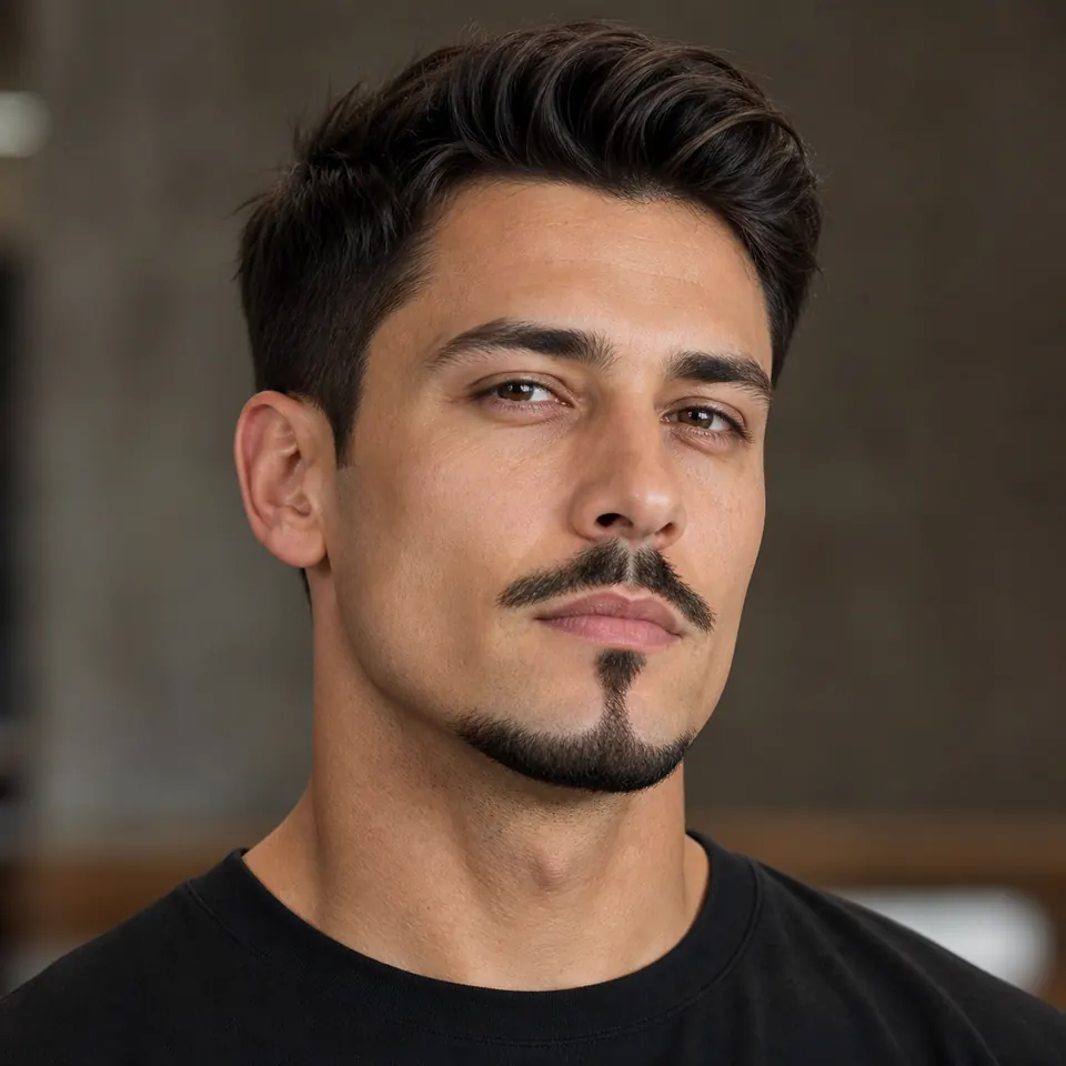 Kurze Bartstyles für Männer: 25 Ideen nach Gesichtsform 11 Anchor Beard mit schmalem Schnurrbart, glatten Wangen und konturiertem Kinnbart