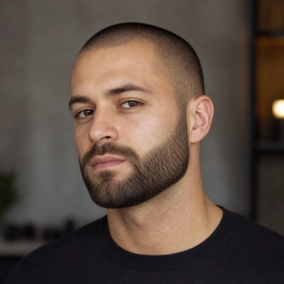 Kurze Bartstyles für Männer: 25 Ideen nach Gesichtsform 21 Buzz Cut kombiniert mit einem gepflegten kurzen Vollbart