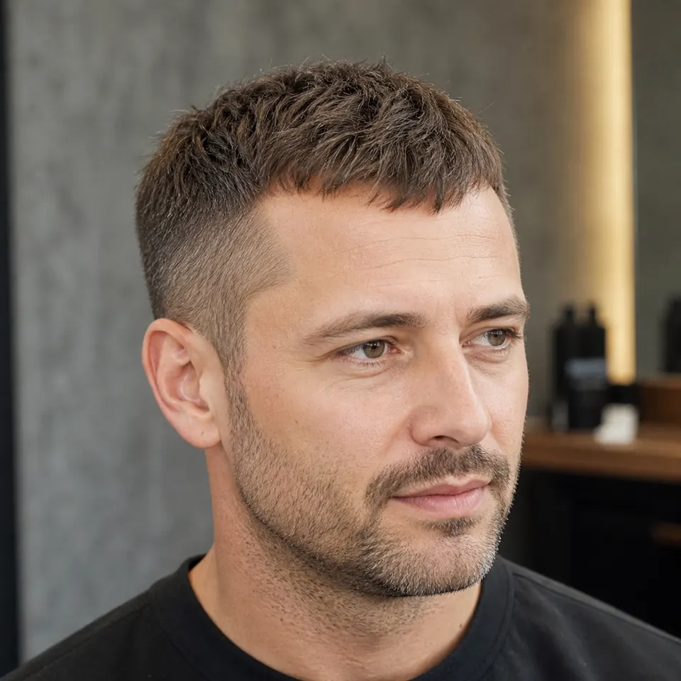 31 Männerfrisuren für dünnes Haar und Geheimratsecken 4 Mann mit French Crop und kurzer Fransenlinie bei dünnem Haar und Geheimratsecken