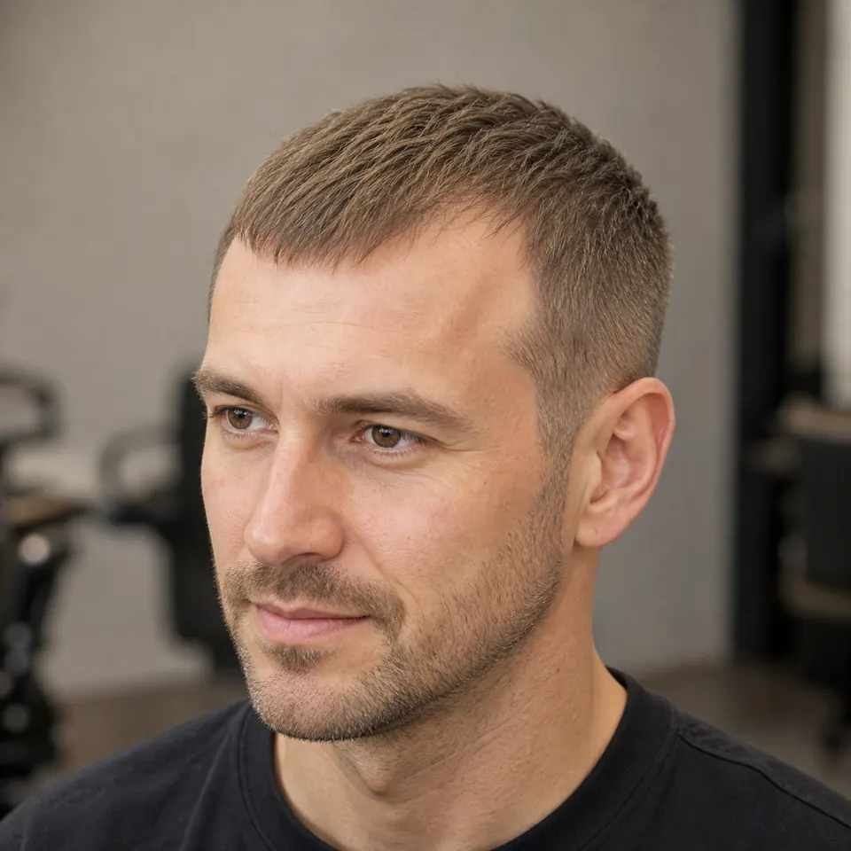 31 Männerfrisuren für dünnes Haar und Geheimratsecken 5 Mann mit Caesar Cut bei feinem, dünnem Haar und moderaten Geheimratsecken