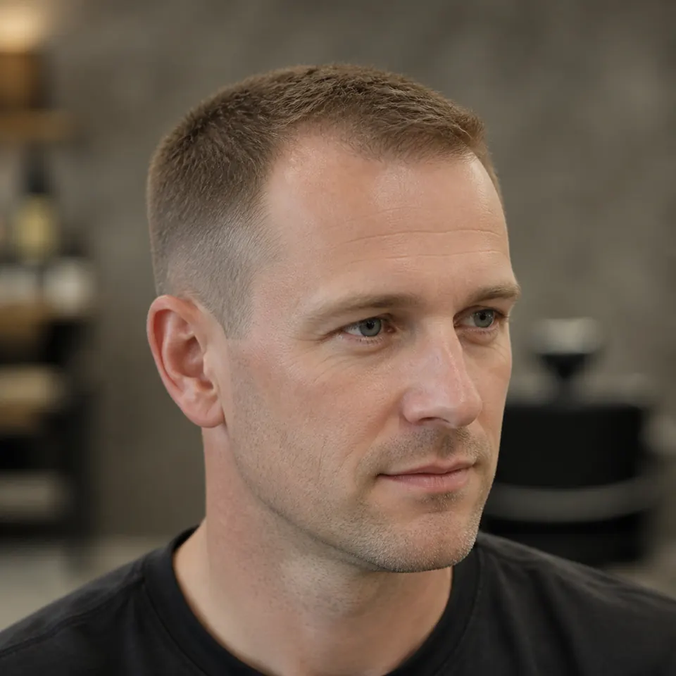 31 Männerfrisuren für dünnes Haar und Geheimratsecken 6 Mann mit Crew Cut und weichem Taper bei dünnem Haar und Geheimratsecken