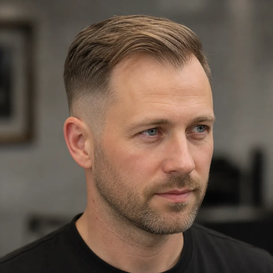 31 Männerfrisuren für dünnes Haar und Geheimratsecken 9 Mann mit Side Sweep und Mid Fade bei dünnem Haar und asymmetrischen Geheimratsecken